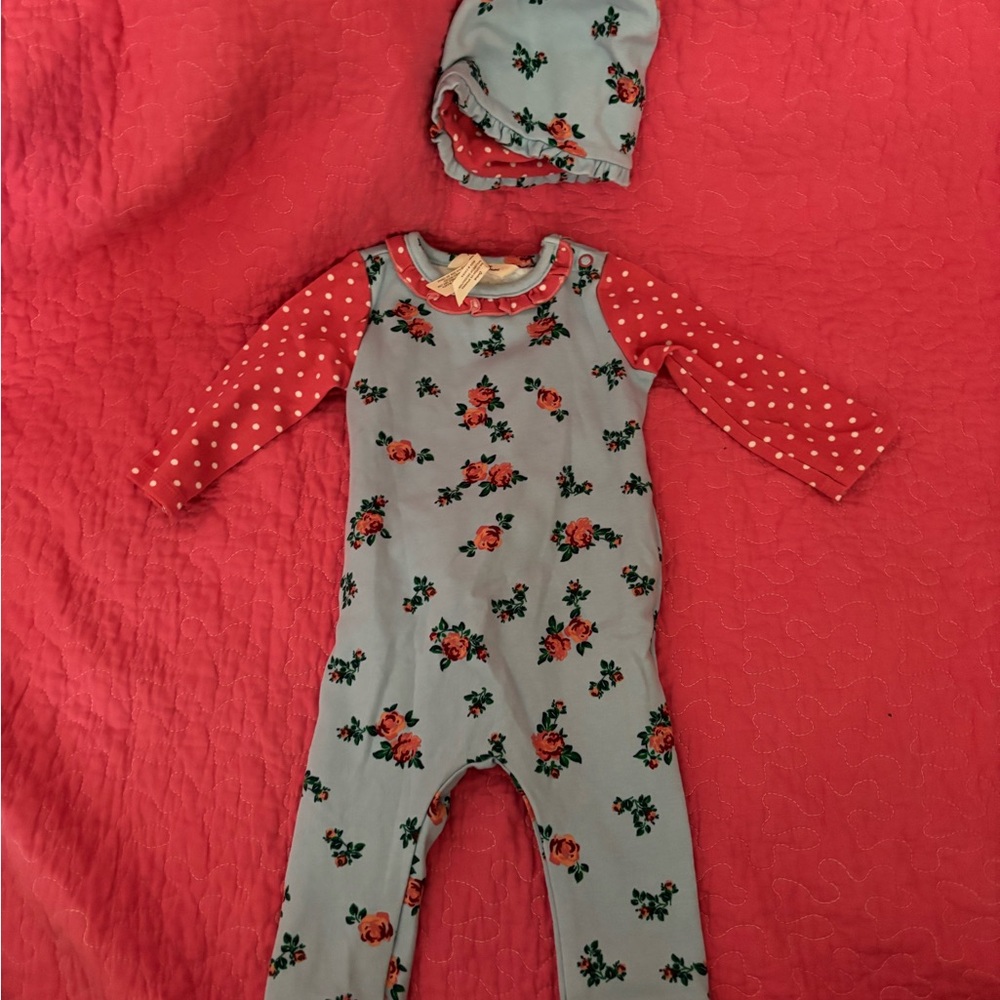 Matilda Jane Blue Floral One Piece with Pink + White Polka Dot Sleeves